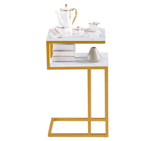 C - Type Side Table Double - Layer Gold Marble MDF - The Linen House