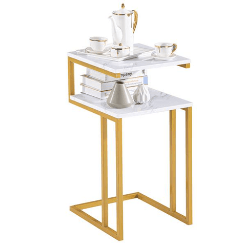C - Type Side Table Double - Layer Gold Marble MDF - The Linen House
