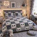 Cat Lover Grey & White Printed Bed Sheet - The Linen House