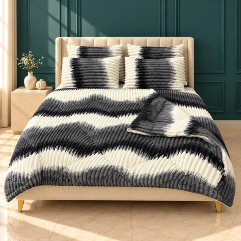 Charcoal Grey Ikat Stripe Bubble Fleece Comforter Set – 6 Pcs King Size - The Linen House