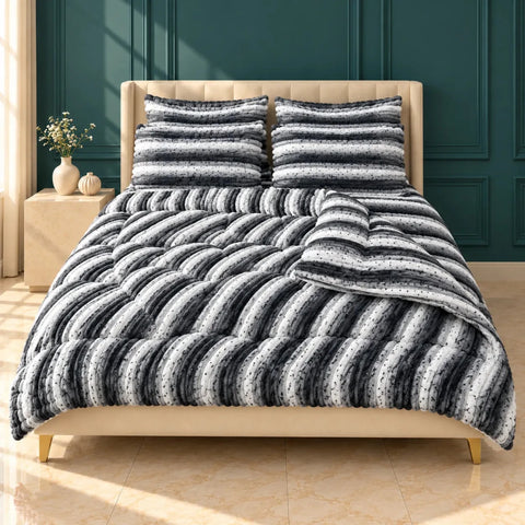 Charcoal & White Speckled Stripe Bubble Fleece Comforter Set – 6 Pcs King Size - The Linen House