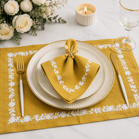 Chic Mustard Yellow Embroidered Table Mat Set for Dining - The Linen House