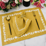 Chic Mustard Yellow Embroidered Table Mat Set for Dining - The Linen House