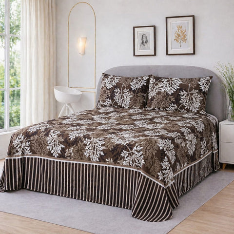 Chocolate Brown Botanical Printed Bedsheet Set (3pcs) - The Linen House
