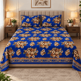 Classic Blue Floral Double Bed Printed Bedsheet - The Linen House