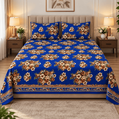 Classic Blue Floral Double Bed Printed Bedsheet - The Linen House