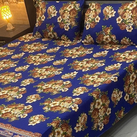 Classic Blue Floral Double Bed Printed Bedsheet - The Linen House