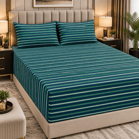 Classic Dark Green Multi Stripe Printed Bed Sheet - The Linen House