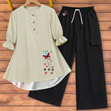 Classic Ivory Embroidered Tunic & Black Baggy Two Piece Suite - The Linen House