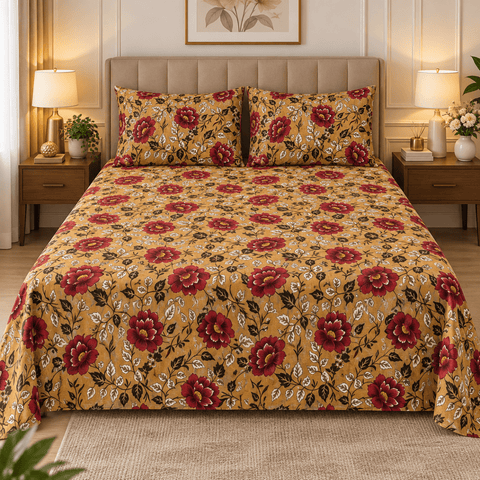 Classic Red Floral Double Bed Printed Bedsheet - The Linen House