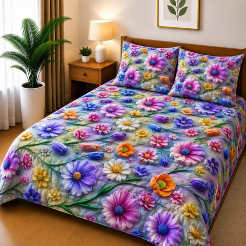 Colorful Blossom Garden 3D Printed Bed Sheet - The Linen House