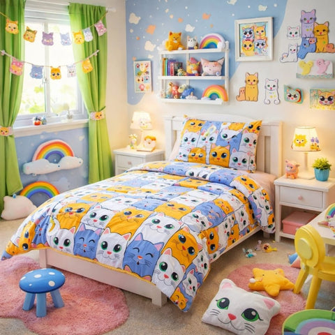 Colorful Cat - Themed Kids Bedroom with Rainbow Decor - The Linen House