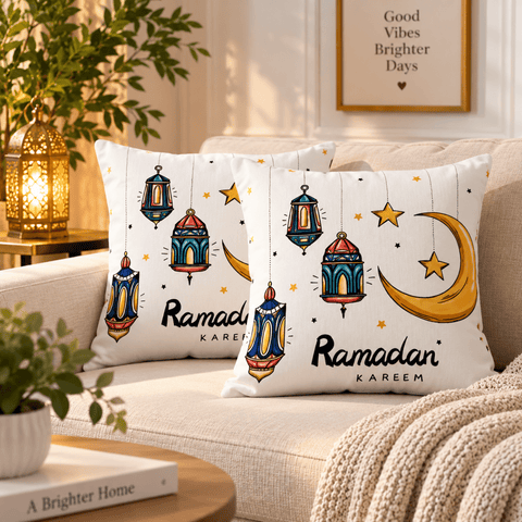 Colorful Ramadan Kareem Cushion Cover with Lanterns and Moon (Pack of 2) - The Linen House