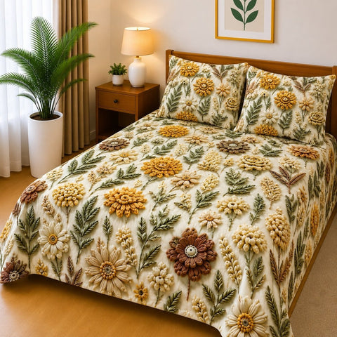 Cream & Gold Floral Paradise Printed Bed Sheet - The Linen House