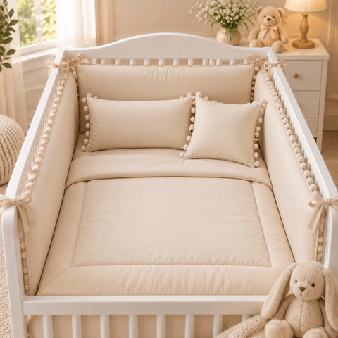 Cream Pom Pom Nursery Baby Cot Set - The Linen House