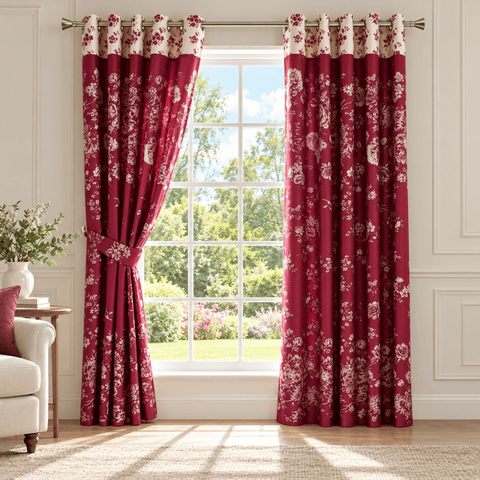Crimson Cream Floral Printed Curtain - The Linen House