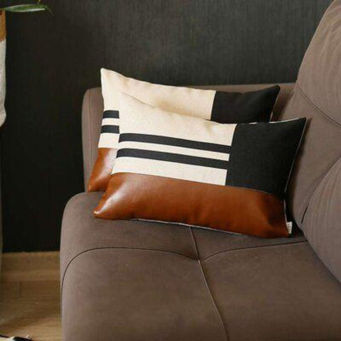 Cushion with Leather Work Rectangle - The Linen House