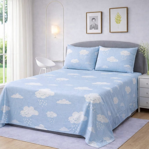 Cute Blue Cloud Printed Bedsheet (3pcs) - The Linen House