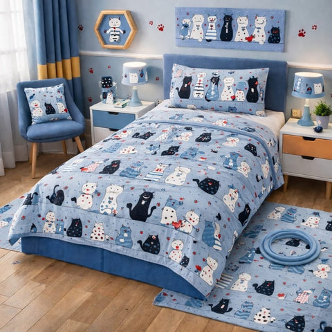 Cute Cat Print Kids Bedsheet - The Linen House