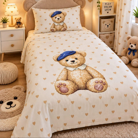Cute Teddy Bear & Hearts Kids Bedsheet - The Linen House