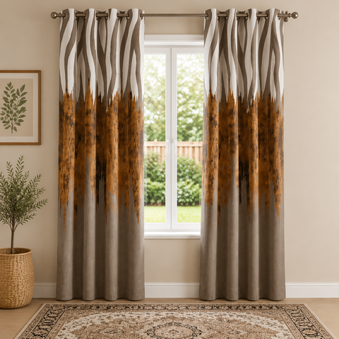 Premium Grey Brown Printed Blackout Curtains