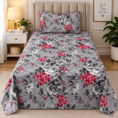 Designer Grey Floral Print Bedsheet – Single Size (Pack of 2) - The Linen House