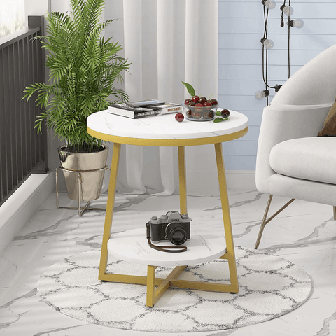 2 Tier Marble MDF Side Table with Storage Shelf - The Linen House