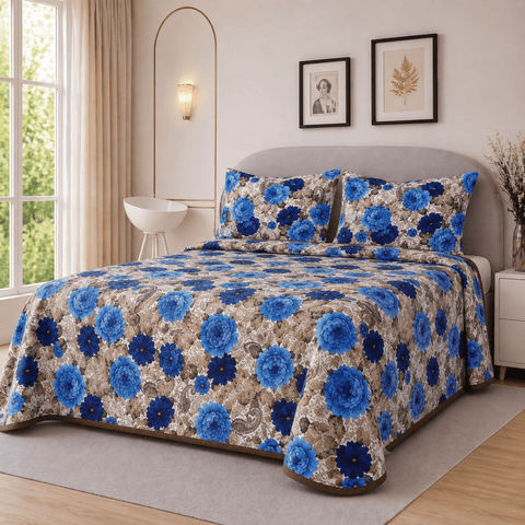 Elegant Beige & Royal Blue Floral Printed Bedspread - The Linen House