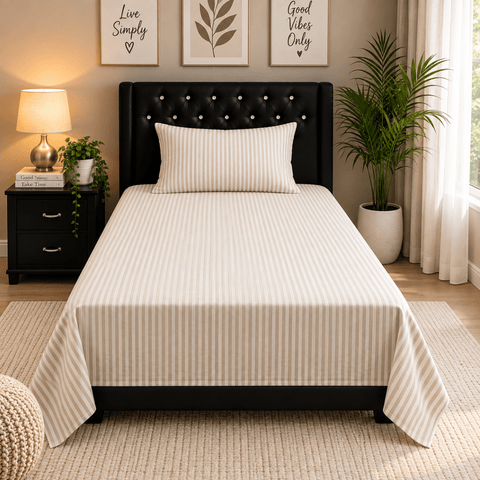 Elegant Beige Stripe Single Bedsheet - The Linen House