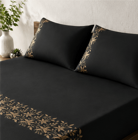 Elegant Black & Gold Floral Embroidery Bedding Set - The Linen House