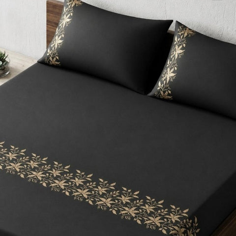 Elegant Black & Gold Floral Embroidery Bedding Set - The Linen House