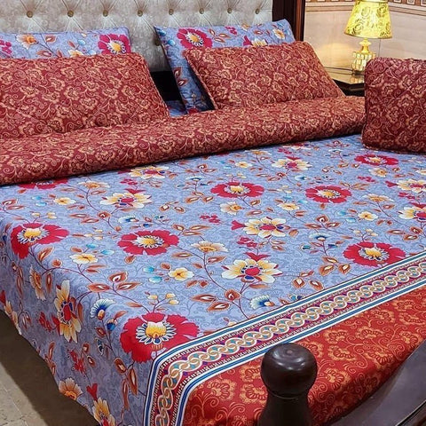 Elegant Blue & Maroon Floral 7Pc Bedspread Set - The Linen House