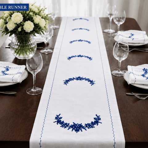 Elegant Blue & White Embroidered Table Linen Set - The Linen House