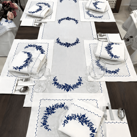 Elegant Blue & White Embroidered Table Linen Set - The Linen House