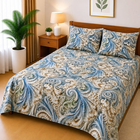 Elegant Blue & White Printed Bed Sheet - The Linen House