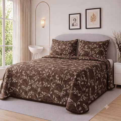 Elegant Chocolate Botanical Floral Printed Bedspread - The Linen House