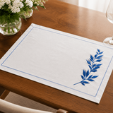 Elegant Dining Linen Set – Navy - Inspired Embroidery on White - The Linen House