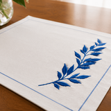 Elegant Dining Linen Set – Navy - Inspired Embroidery on White - The Linen House