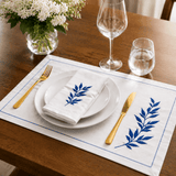 Elegant Dining Linen Set – Navy - Inspired Embroidery on White - The Linen House
