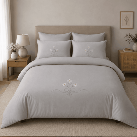 Elegant Grey Daisy Embroidered Bedding Set - The Linen House