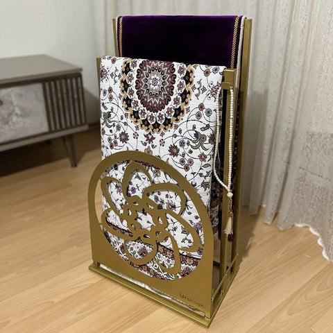 Elegant Handcrafted Metal Prayer Rug Stand with Floral Design - The Linen House