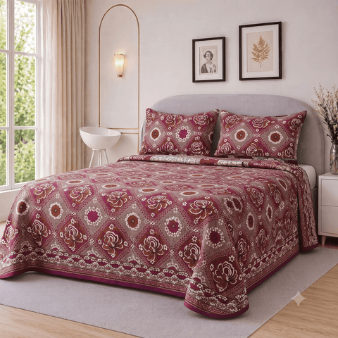 Elegant Maroon Floral Printed Bedspread - The Linen House