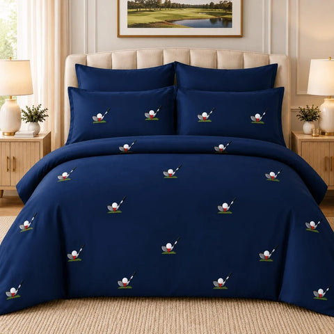 Elegant Navy Blue Golf Embroidered Bedding Set - The Linen House