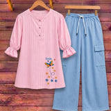 Elegant Pink & Sky Blue Embroidered Baggy Two Piece Suite - The Linen House