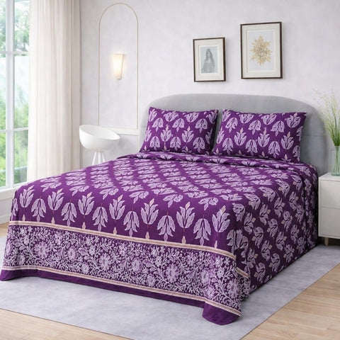 Elegant Purple Floral Printed Bedsheet - The Linen House