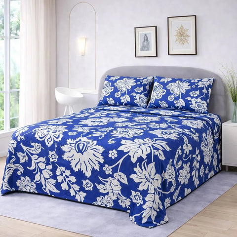 Elegant White & Blue Floral Printed Bedsheet Set (3pcs) - The Linen House