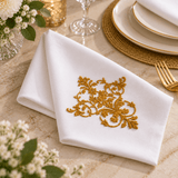 Elegant White Cotton Napkins with Gold Floral Embroidery - The Linen House