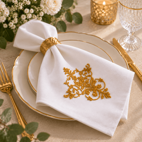 Elegant White Cotton Napkins with Gold Floral Embroidery - The Linen House