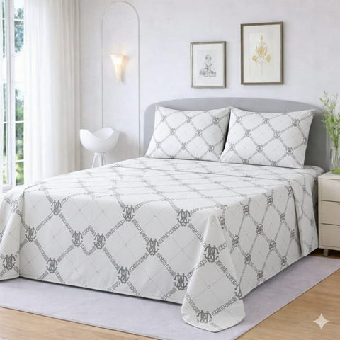 Elegant White Designer Printed Bed Sheet - The Linen House