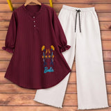 Elegant Wine Maroon Top & White Baggy Two Piece Suite - The Linen House